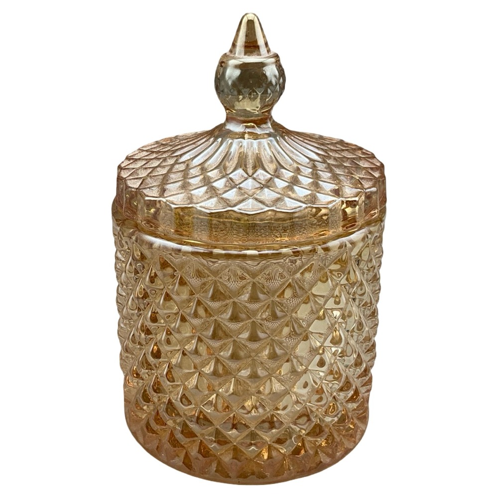 Vintage Amber Glass Diamond Point Lidded Jar Candy Dish Hollywood Regency 5.5in